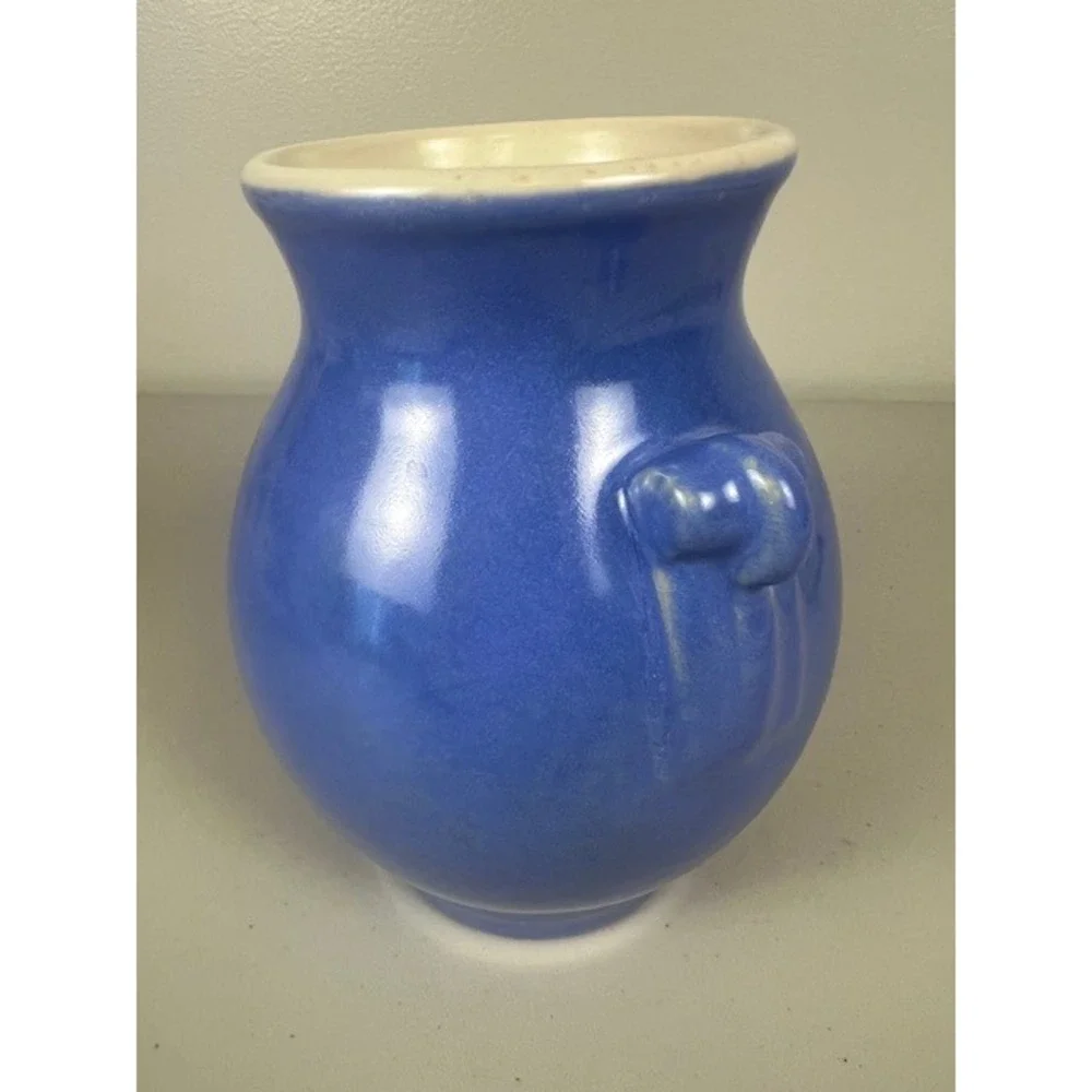 WELLER‎ Pottery Blue Glazed Double Scroll Handle Bud Vase Signed Vintage 6 Inch